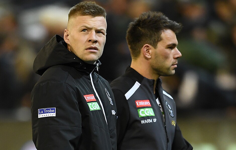 JordyLeviHORIZ.jpg Jordan De Goey and Levi Greenwood after the Pies' win over the Cats - Collingwood Magpies,Geelong Cats